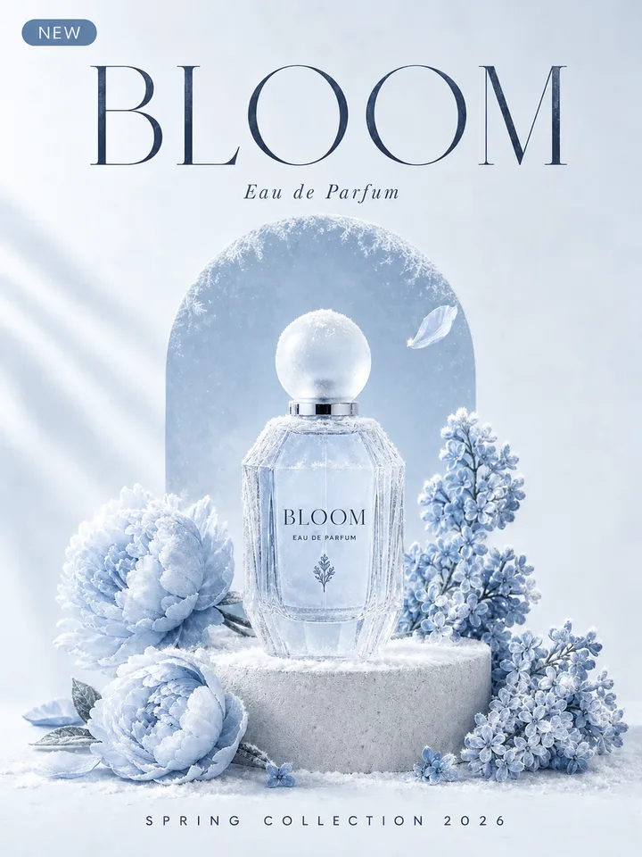 After: Make it a winter edition: frost on the bottle, icy blue and silver palette, same layout and headline