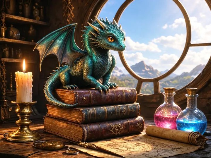 After: Turn it into a daytime scene with sunlight through the window, keep the dragon and the books