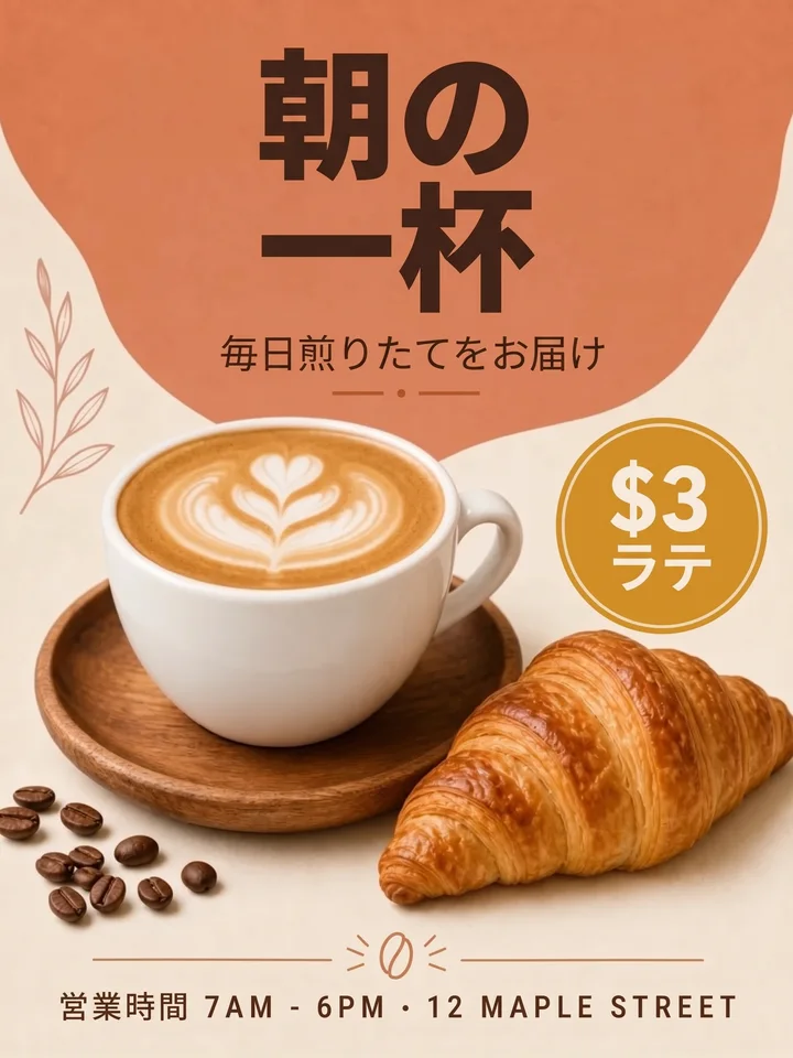 Después: 朝の, 一杯, 毎日煎りたてをお届け, ラテ, 営業時間 7AM - 6PM • 12 MAPLE STREET