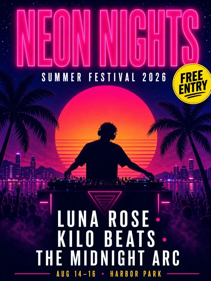 Antes: NEON NIGHTS, SUMMER FESTIVAL 2026, FREE, ENTRY, AUG 14-16 • HARBOR PARK