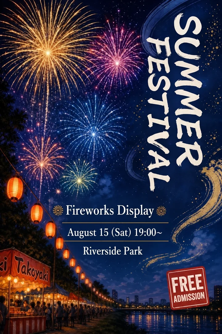 Después: SUMMER FESTIVAL, Fireworks Display, August 15 (Sat) 19:00~, Riverside Park, Takoyaki, FREE, ADMISSION