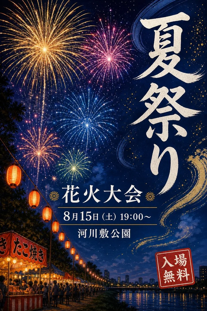 Antes: 夏祭り, 花火大会, 8月15日(土) 19:00〜, 河川敷公園, たこ焼き, 入場, 無料